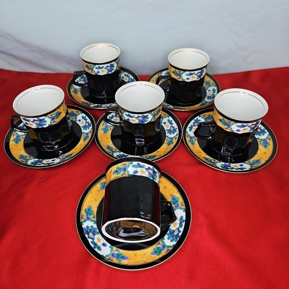Black Coffee Cup & Saucer Tea Set Of 6 Yellow Blue Flowers